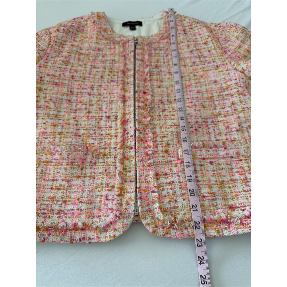 Ann Taylor Tweed Bouclé Blazer Plaid Womens Sz 4 Pink Orange Fringe Zip 3/4 NWT - Picture 6 of 9